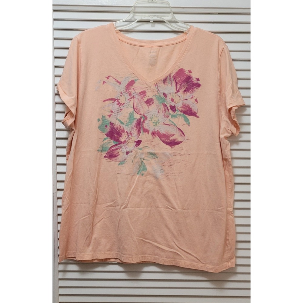 Womens XXL Peach Floral Graphic V-Neck Short Sleeve T-Shirt comfy light casual